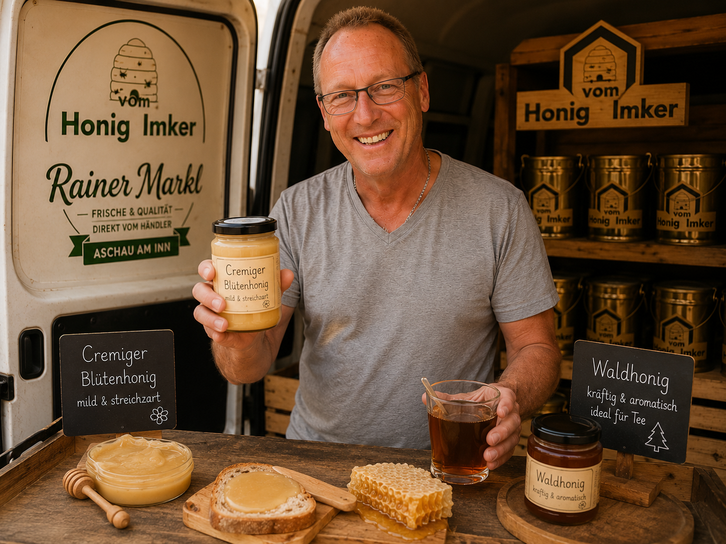 Rainer Markl mit Blütenhonig und Waldhonig vom Imker