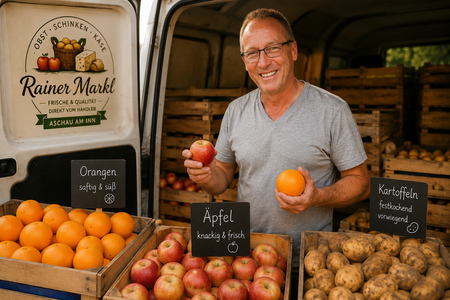 Rainer Markl mit frischen Äpfeln, Orangen und Kartoffeln