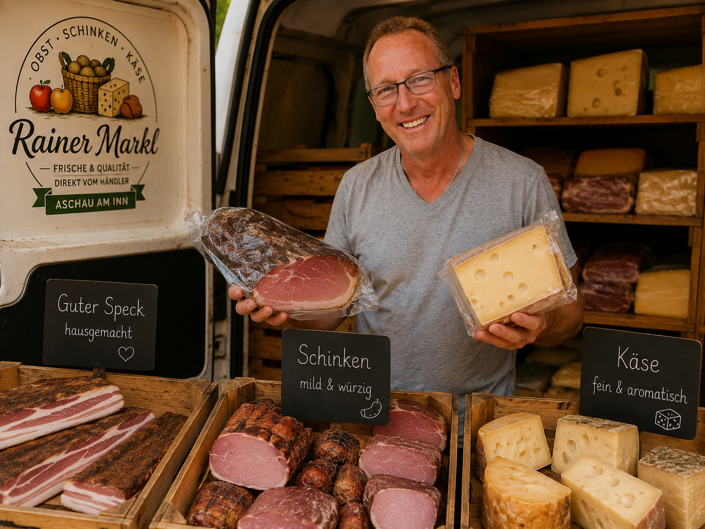 Rainer Markl mit Schinken und Käse aus dem Verkaufsfahrzeug